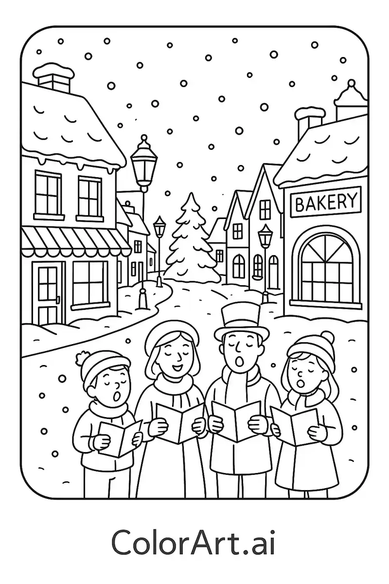 caroling-in-a-cozy-christmas-village-coloring-page