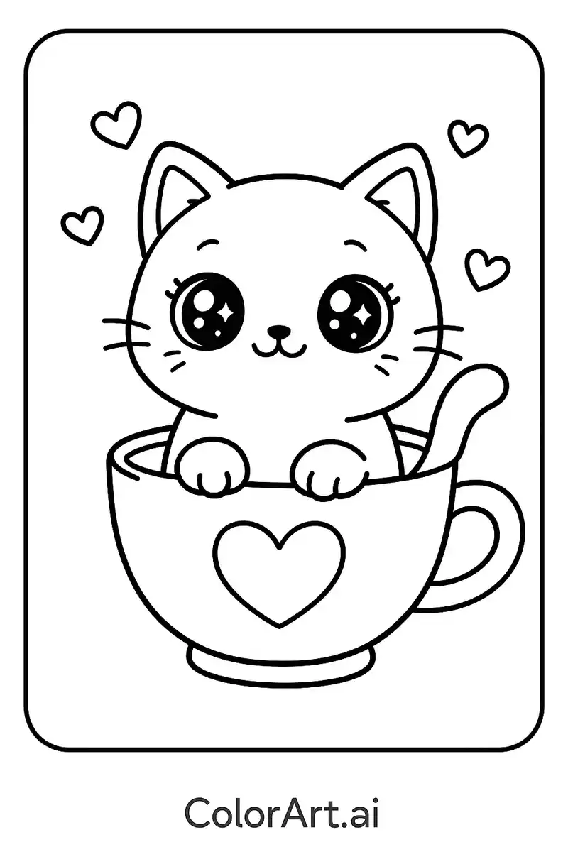 The Kawaii Cat in a Cup Coloring Page
